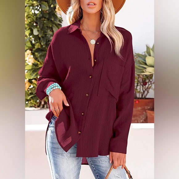 NWT Women’s Whine Red AISEW Button Down Casual V-Neck Longsleeve Collared Blouse - Picture 2 of 8